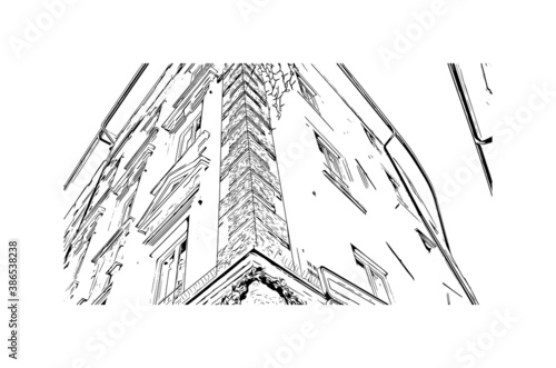 Building view with landmark of Bolzano is a city in the South Tyrol province of north Italy. Hand drawn sketch illustration in vector.