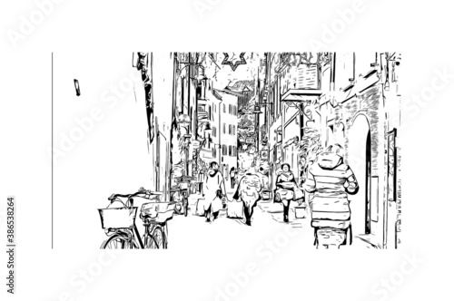 Building view with landmark of Bolzano is a city in the South Tyrol province of north Italy. Hand drawn sketch illustration in vector.