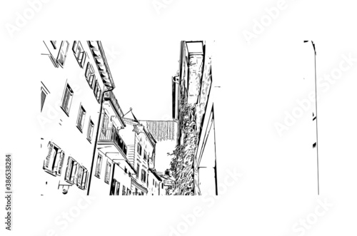 Building view with landmark of Bolzano is a city in the South Tyrol province of north Italy. Hand drawn sketch illustration in vector.