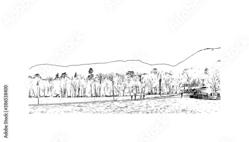 Building view with landmark of Bolzano is a city in the South Tyrol province of north Italy. Hand drawn sketch illustration in vector.