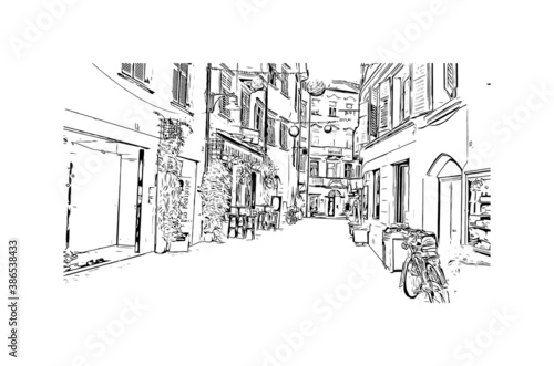Building view with landmark of Bolzano is a city in the South Tyrol province of north Italy. Hand drawn sketch illustration in vector.