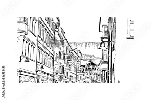 Building view with landmark of Bolzano is a city in the South Tyrol province of north Italy. Hand drawn sketch illustration in vector.