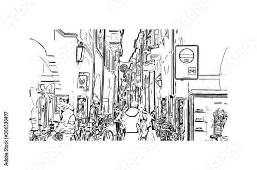 Building view with landmark of Bolzano is a city in the South Tyrol province of north Italy. Hand drawn sketch illustration in vector.