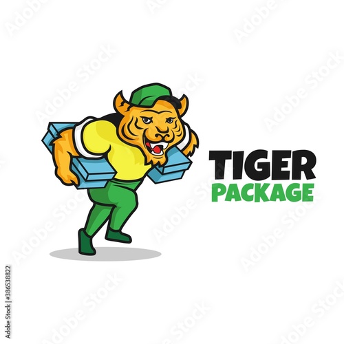 tiger running holding box in both hands. logo mascot delivery. vector illustration.
