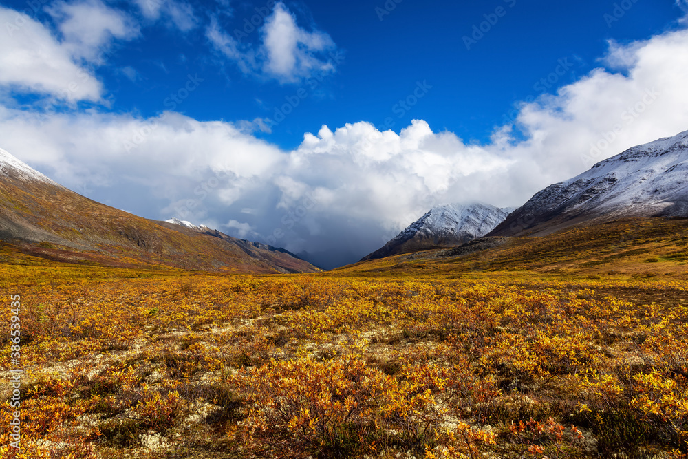 Beautiful View of Scenic Valley surrounded by Snowy Mountains in Canadian Nature. Season change from Fall to Winter. Taken near Grizzly Lake in Tombstone Territorial Park, Yukon, Canada. Beautiful View of Scenic Valley surrounded by Snowy Mountains in Canadian Nature. Season change from Fall to Winter. Taken near Grizzly Lake in Tombstone Territorial Park, Yukon, Canada.