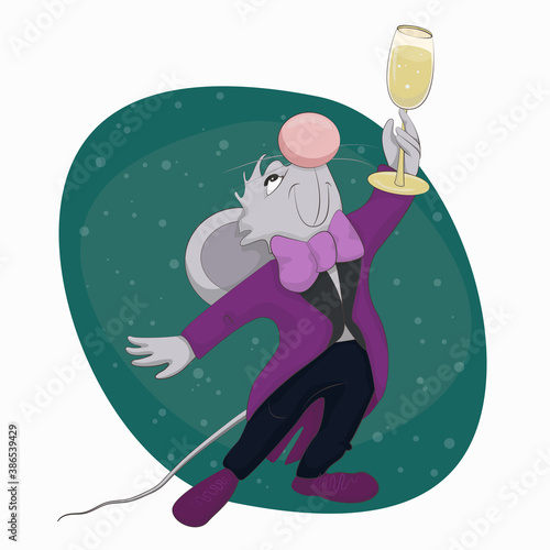 Cute mouse in tuxedo raises a glass of champagne funny vector illustration 