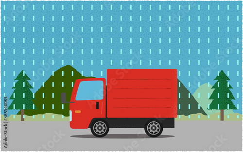 雨の中、山沿いの道を進む赤いトラックのベクターイラスト