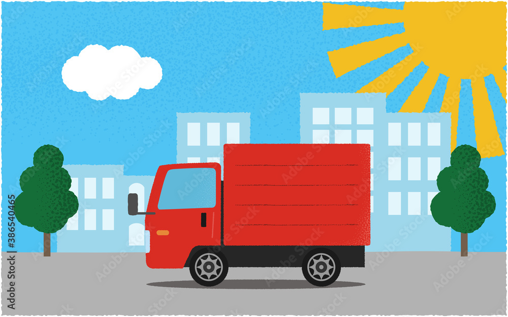 炎天下 都市の道路を進む赤いトラックのベクターイラスト Vector De Stock Adobe Stock
