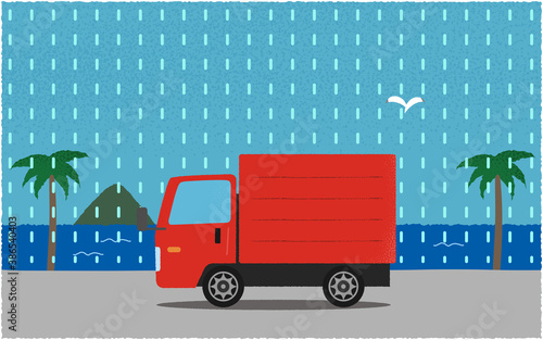 雨の中、海沿いの道を進む赤いトラックのベクターイラスト