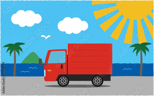 炎天下、海沿いの道を進む赤いトラックのベクターイラスト