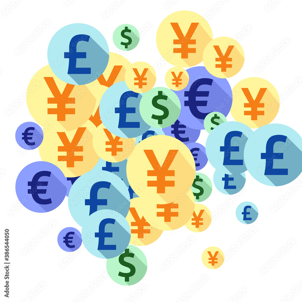Euro dollar pound yen round symbols flying money vector design. Jackpot backdrop. Currency tokens Euro dollar pound yen round symbols flying money vector design. Jackpot backdrop. Currency tokens