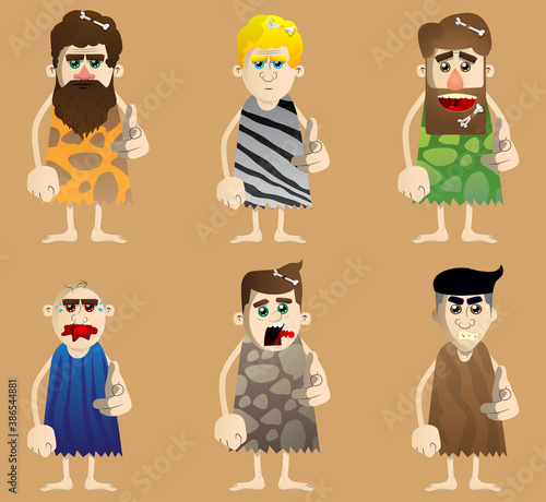 Cartoon caveman pointing at the viewer with his hand. Vector illustration of a man from the stone age.