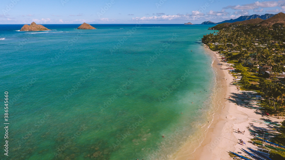 Aerial photography of Lanikai beach, Oahu, Hawaii