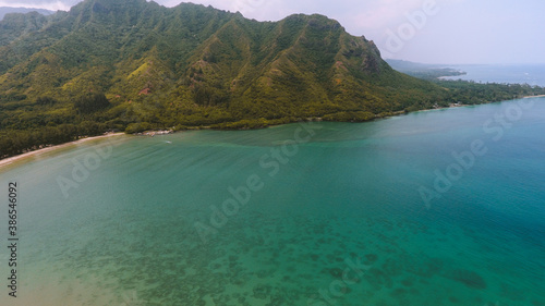 Aerial photography of Kahana bay, Oahu, Hawaii