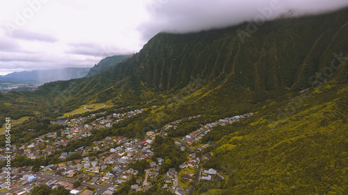 Aerial House under the mountain, Ahuimanu, Oahu, Hawaii photo