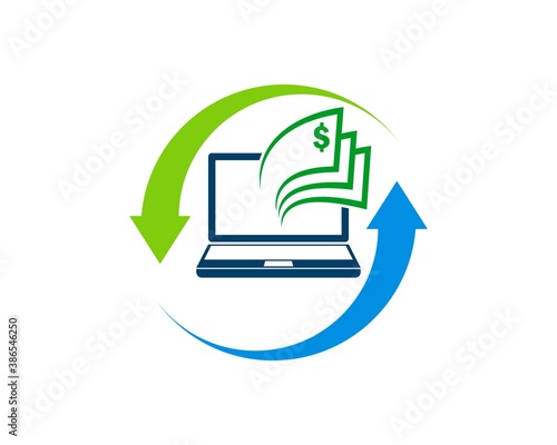 Upside down arrow with laptop and money inside