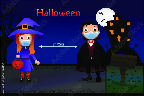 Kids with halloween costumes wearing face mask, keeping social distance 