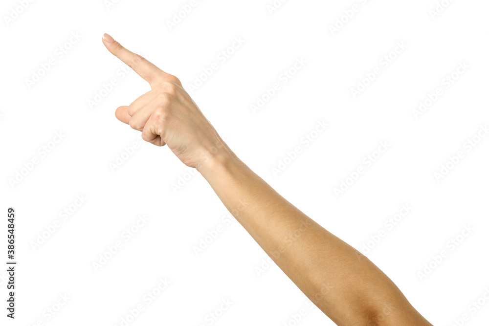 Pointing left. Woman hand gesturing isolated on white Pointing left. Woman hand gesturing isolated on white
