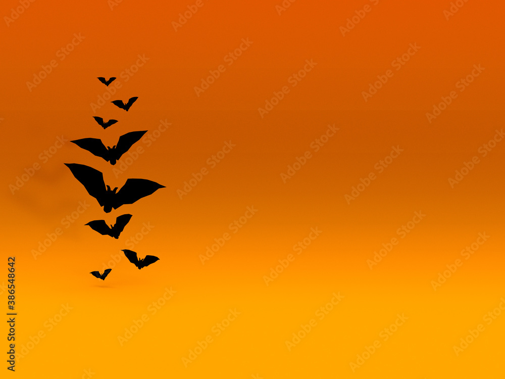 3d illustration. Halloween concept. Black bats flying over orange background