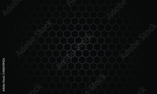 Black background. Dark hexagon carbon fiber texture. Navy blue honeycomb metal texture steel background. Web design template vector illustration EPS 10.
