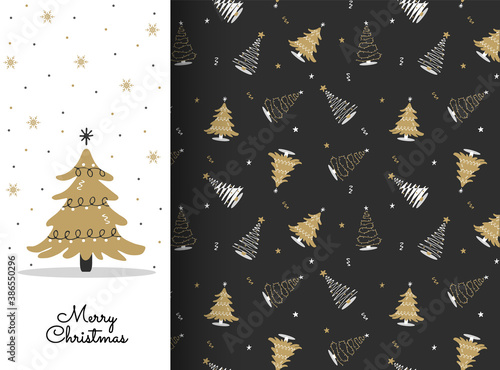 Seamless pattern with white and gold christmas tree. Winter season element. New year design for cards, backgrounds, fabric, wrapping paper. Vector illustration in flat style.