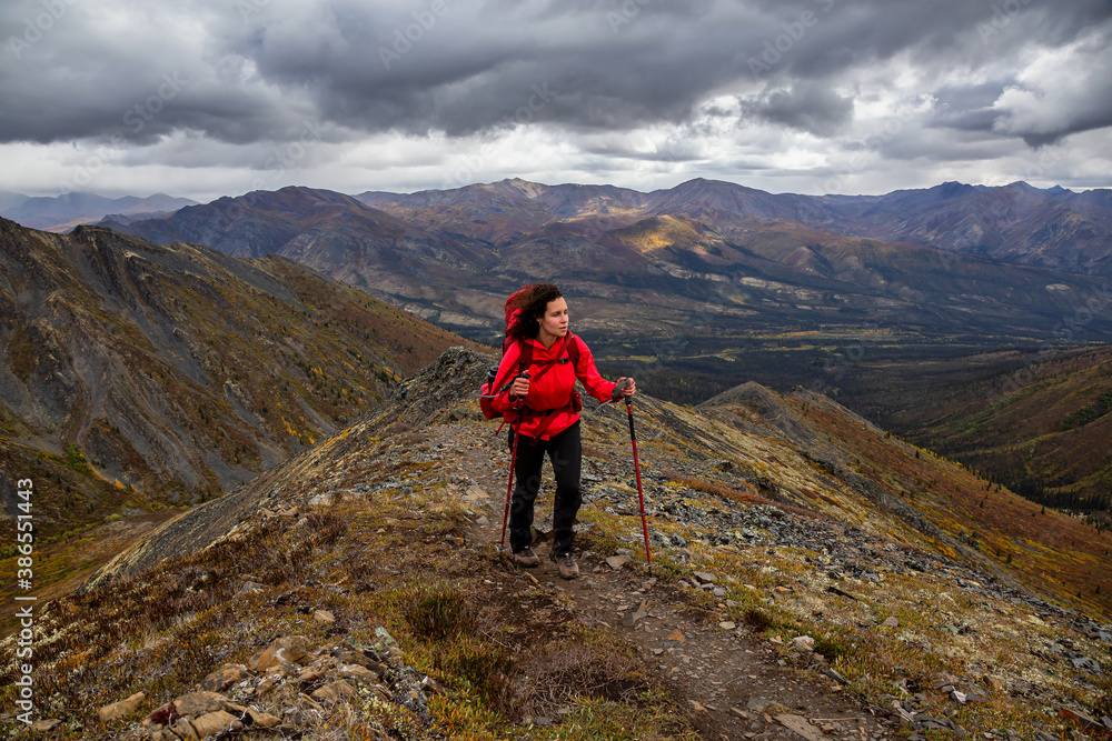 Woman Backpacking on Scenic Rocky Hiking Trail surrounded by Mountains during Fall in Canadian Nature. Taken in Tombstone Territorial Park, Yukon, Canada.