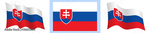 flag of Slovakia in static position and in motion, developing in wind in exact colors and sizes, on white background