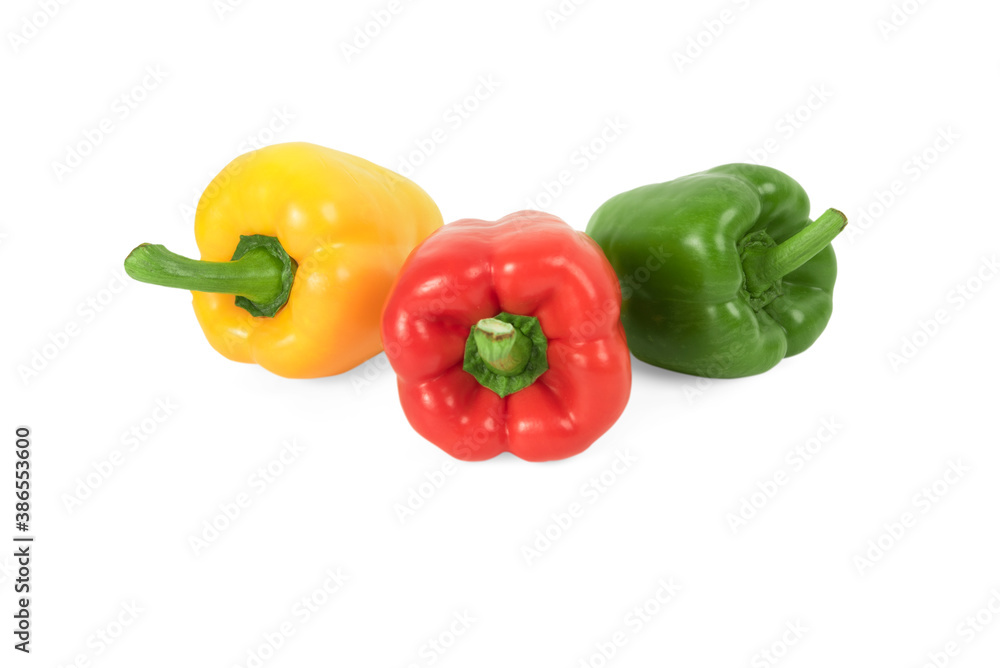 Red, green and yellow bell peppers isolated on white background. Red, green and yellow bell peppers isolated on white background.