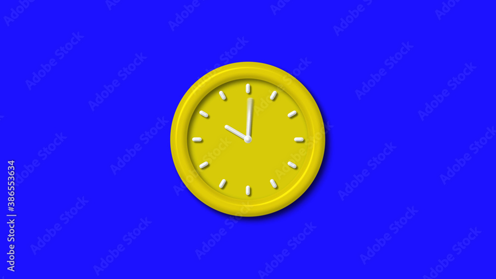 Amazing yellow color 3d wall clock isolated on blue background, Counting down 3d wall clock