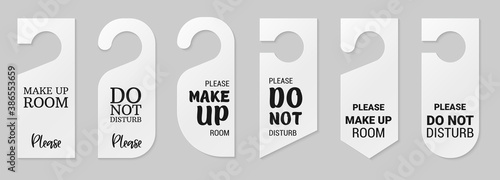 Door hangers for hotel room. Set of white label hanger with text for hotel or resort. Template, mockup with text Do not disturb and Make up room. Vector illustration for promotion, sale, decoration