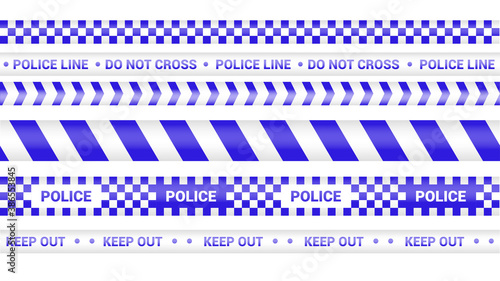 Police tape, crime danger line. Barricade police lines isolated. Warning and barricade tapes. Set of blue warning ribbons. Vector illustration.