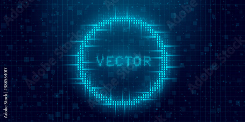 Futuristic cyberpunk glitch circle. Blue glowing digital round shape. 8 bit ring. Background design for promo electronic music events and game titles. Vector