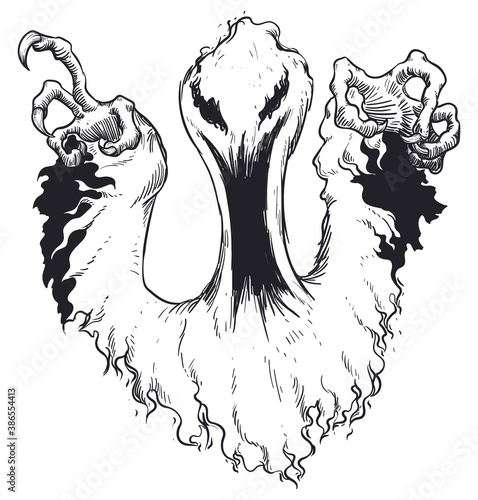 Evil Ghost Scaring at You in Hand Drawn Style, Vector Illustration