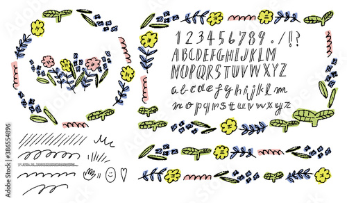 Flower decoration item and Letters 手書き風ベクター装飾イラスト＆アルファベット