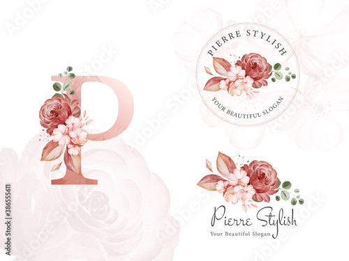 Logo set of brown watercolor floral for initial P, round, and horizontal. Premade flowers badge, monogram for branding design