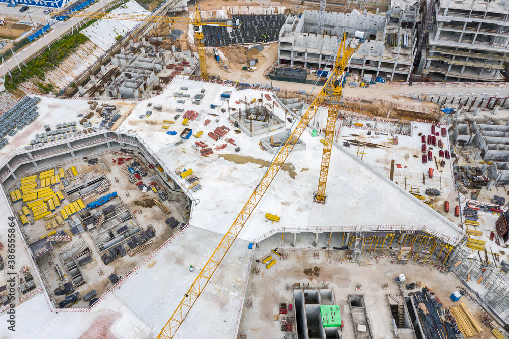 aerial view of construction site of new modern concrete buildings. aerial view from flying drone