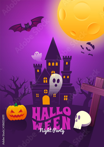 Halloween Event Poster Night Party Creepy Castle Ghost Headstone Skull Jack O Lantern Pumpkin and Full Moon Background Wallpaper Vector Design
