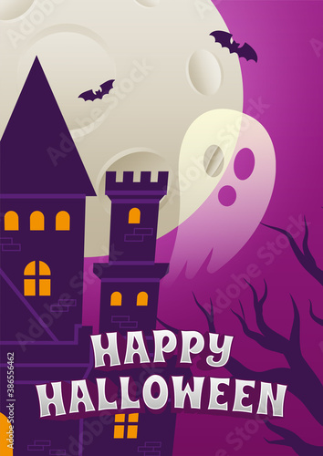 Halloween Event Poster Night Party Creepy Castle Ghost and Full Moon Background Wallpaper Vector Design