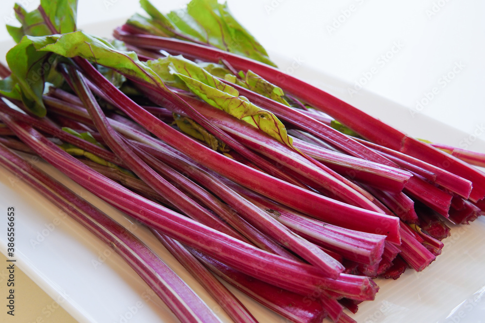 Fresh bunch of beet stems on white back ground