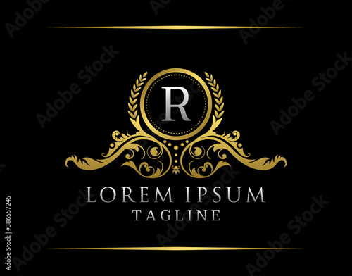Luxury Boutique R Letter Logo. Luxury Badge Gold design for Boutique, Royalty, Letter Stamp,  Hotel, Heraldic, Jewelry, Restaurant, Wedding.