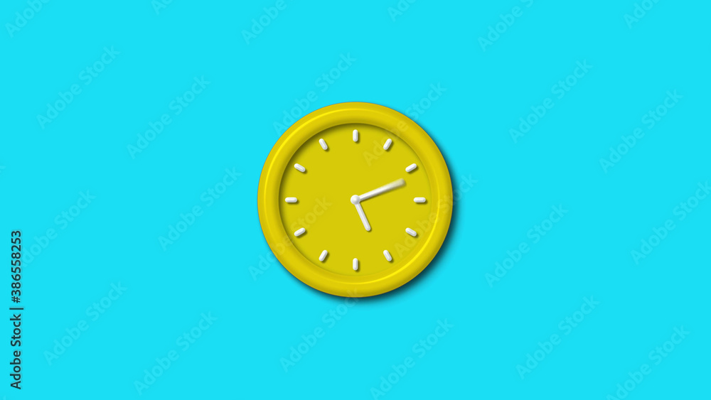 Yellow color 3d wall clock isolated on cyan background, 12 hours 3d wall clock Yellow color 3d wall clock isolated on cyan background, 12 hours 3d wall clock