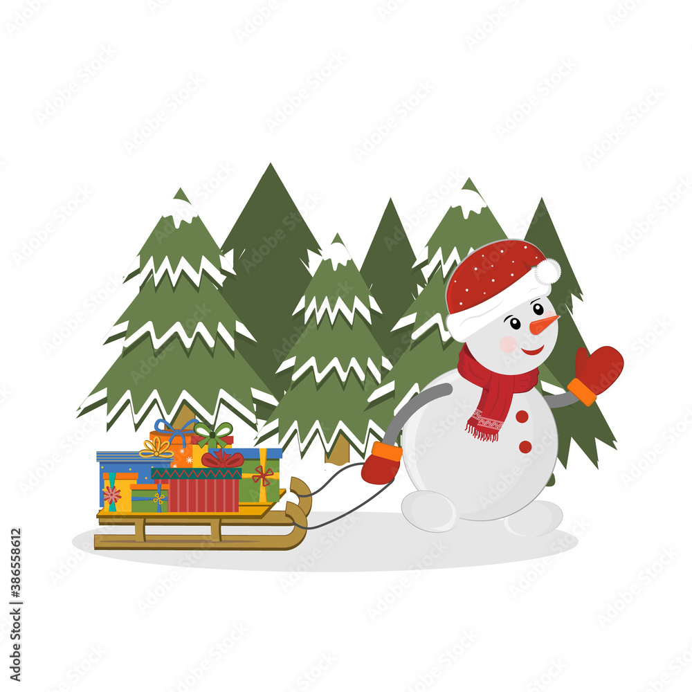 Snowman drives a sled with gifts past a forest of Christmas trees, color isolated vector illustration in flat style, postcard, clipart, design, decoration, scrapbooking, applique
