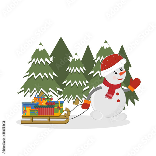 Snowman drives a sled with gifts past a forest of Christmas trees, color isolated vector illustration in flat style, postcard, clipart, design, decoration, scrapbooking, applique  © Olesya