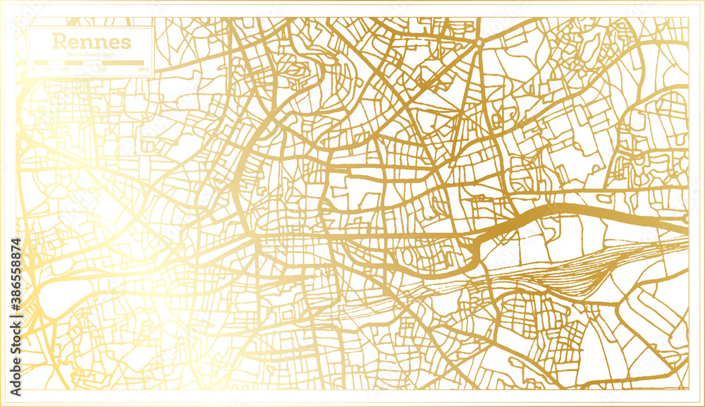 Rennes France City Map in Retro Style in Golden Color. Outline Map.