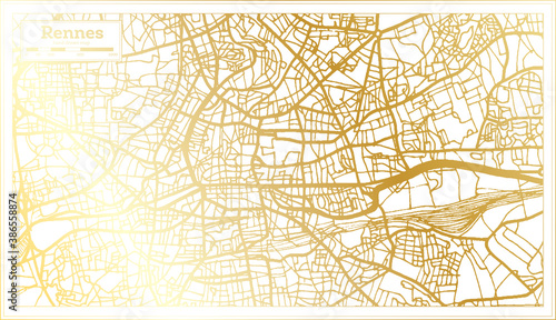 Rennes France City Map in Retro Style in Golden Color. Outline Map.