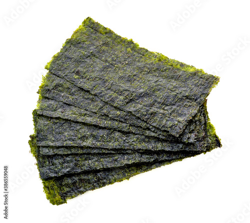 Japanese food nori dry seaweed sheets on white background
