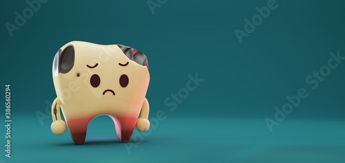 3D render of sad, bad tooth character on green color background