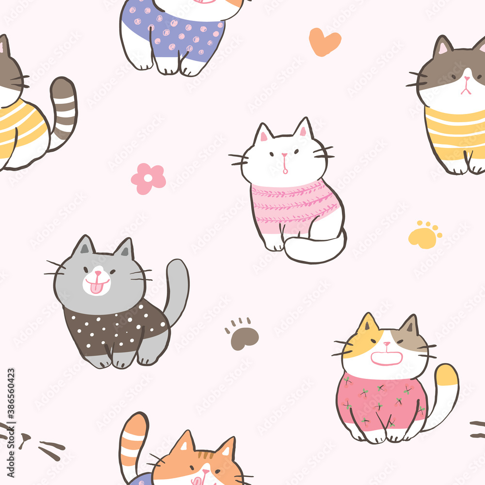 Seamless Pattern with Cute Cat Characters on Light Pink Background