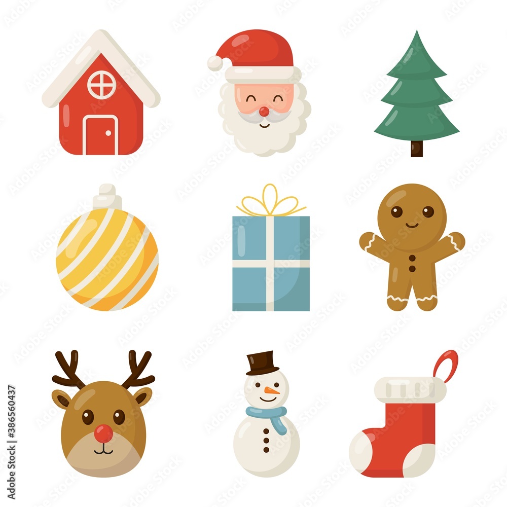 Fototapeta premium cute christmas flat icon set isolated on white background. vector Illustration.