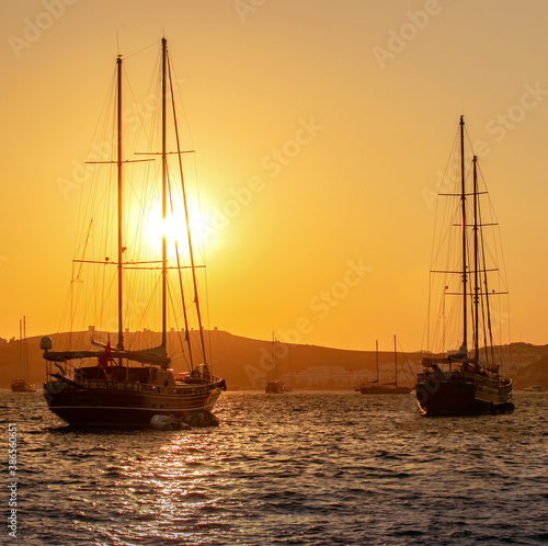 Beautiful sunset in Bodrum, Mediterranean sea, a lot of boats, yachts.